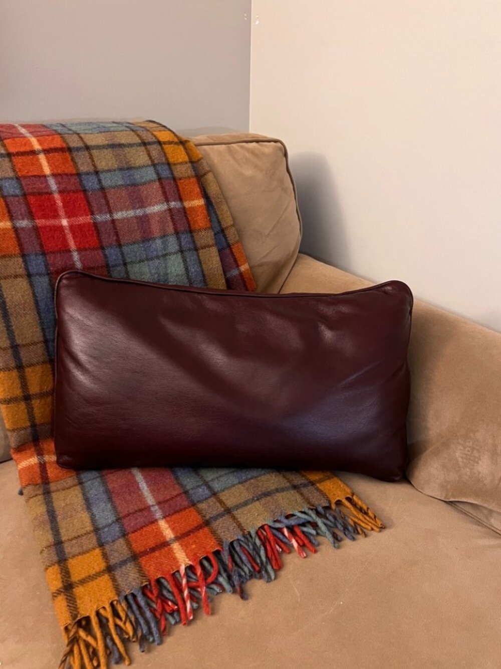 Oxblood Leather Lumbar Throw Pillow | Burgundy Accent Cushion | 20" x 12"